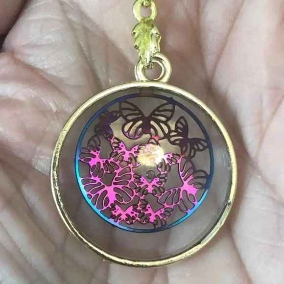 Handmade Oil Slick Filigree Multicolor Butterfly Circle Gold Necklace New NWT - Picture 1 of 4
